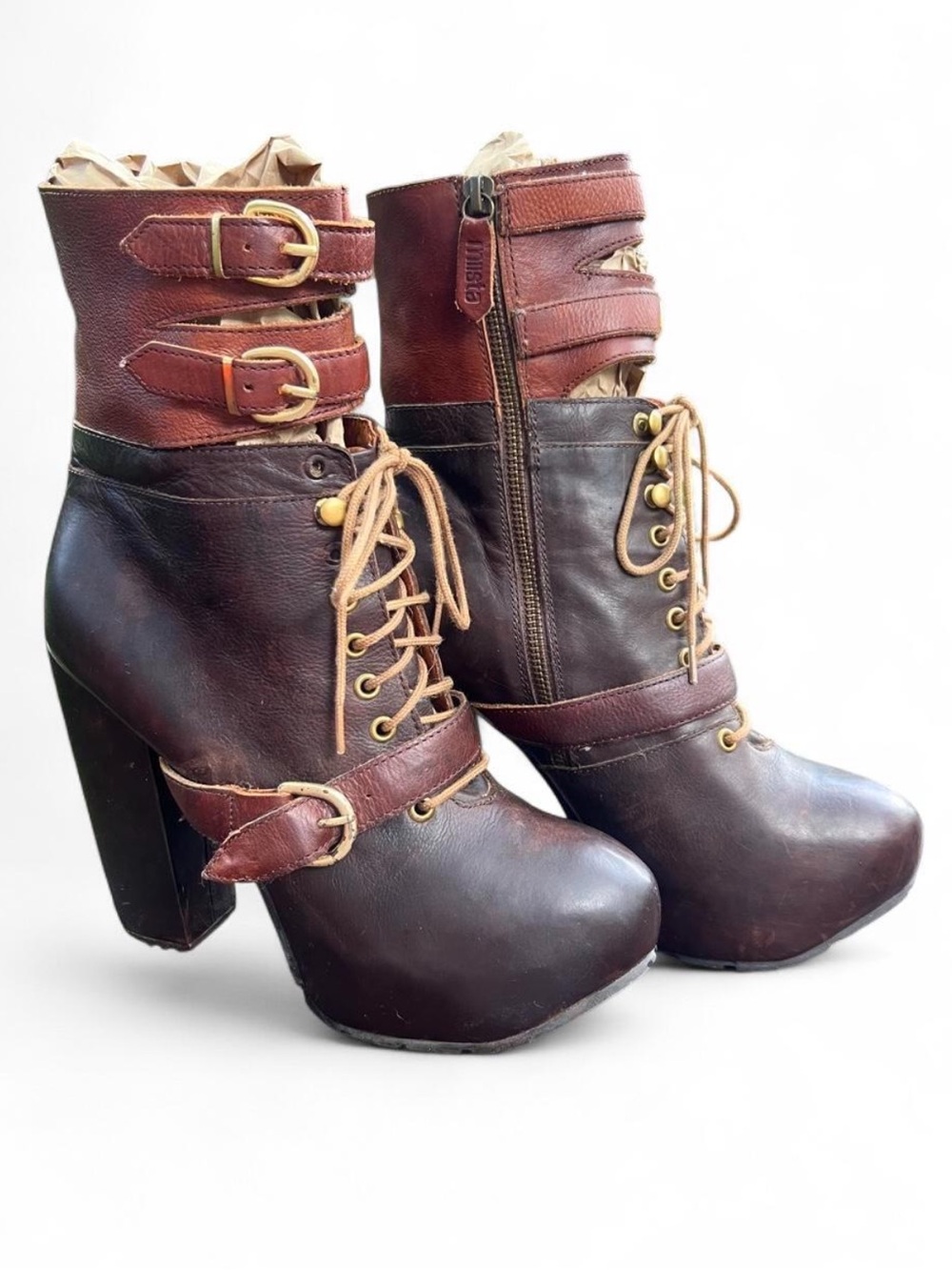 Miista Brown Leather Lace-Up Andee Platform Boots with Buckle Straps - Picture 2 of 8